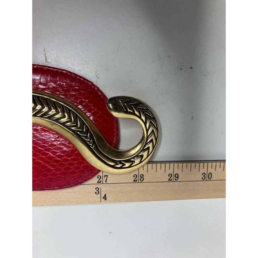 Vintage Snakeskin Belt Red Ornate Etched Gold Tone Interlocking Hook Buckle